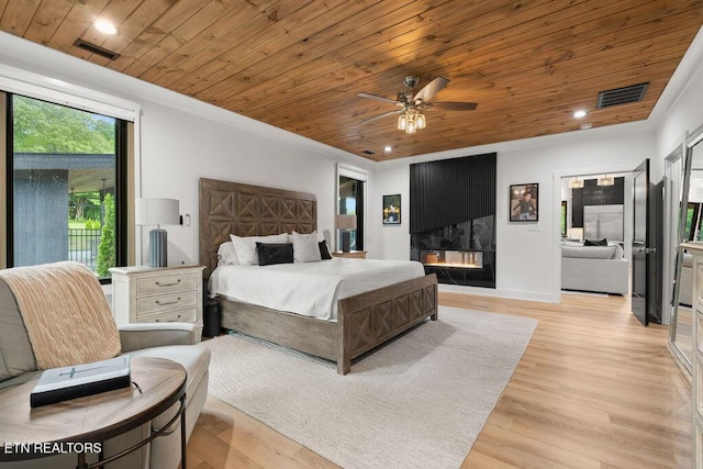 bedroom featuring wood ceiling, visible vents, and light wood-style floors