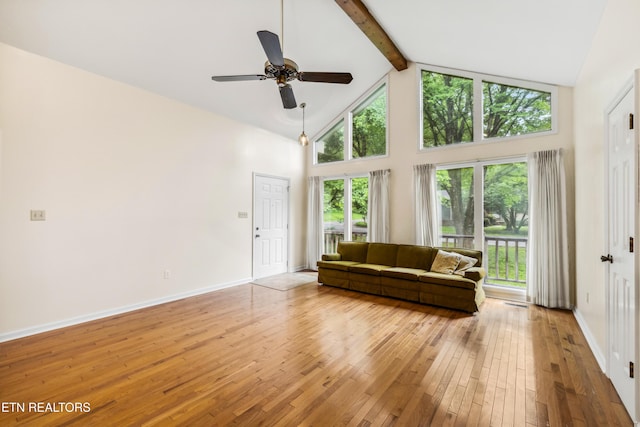 131 Clifton Cir, Oak Ridge, TN 37830 - living area featuring high vaulted ceiling, light wood-style floors, beamed ceiling, ceiling fan, and baseboards