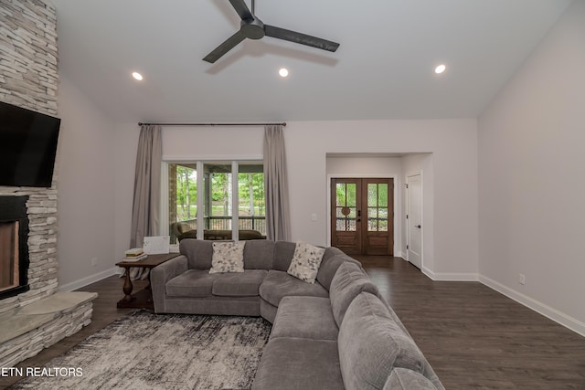 8304 Davis Ferry Rd, Loudon, TN 37774 - living area featuring dark wood-style floors, ceiling fan, and plenty of natural light