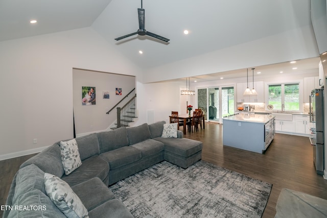 8304 Davis Ferry Rd, Loudon, TN 37774 - living area with stairway, dark wood-style flooring, and recessed lighting