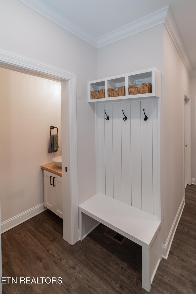 8304 Davis Ferry Rd, Loudon, TN 37774 - mudroom featuring baseboards, crown molding, and dark wood-style floors