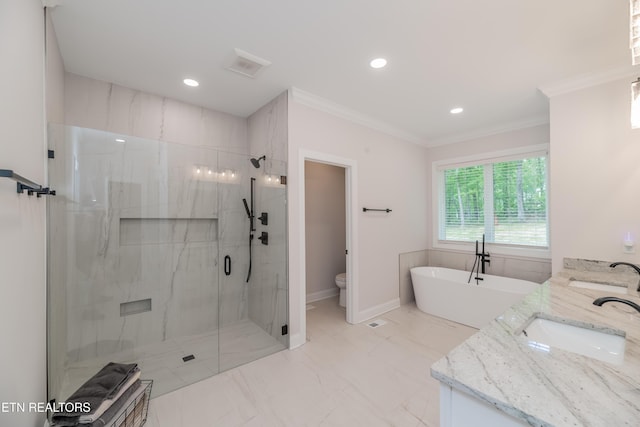 8304 Davis Ferry Rd, Loudon, TN 37774 - bathroom with toilet, ornamental molding, a sink, a freestanding bath, and a marble finish shower