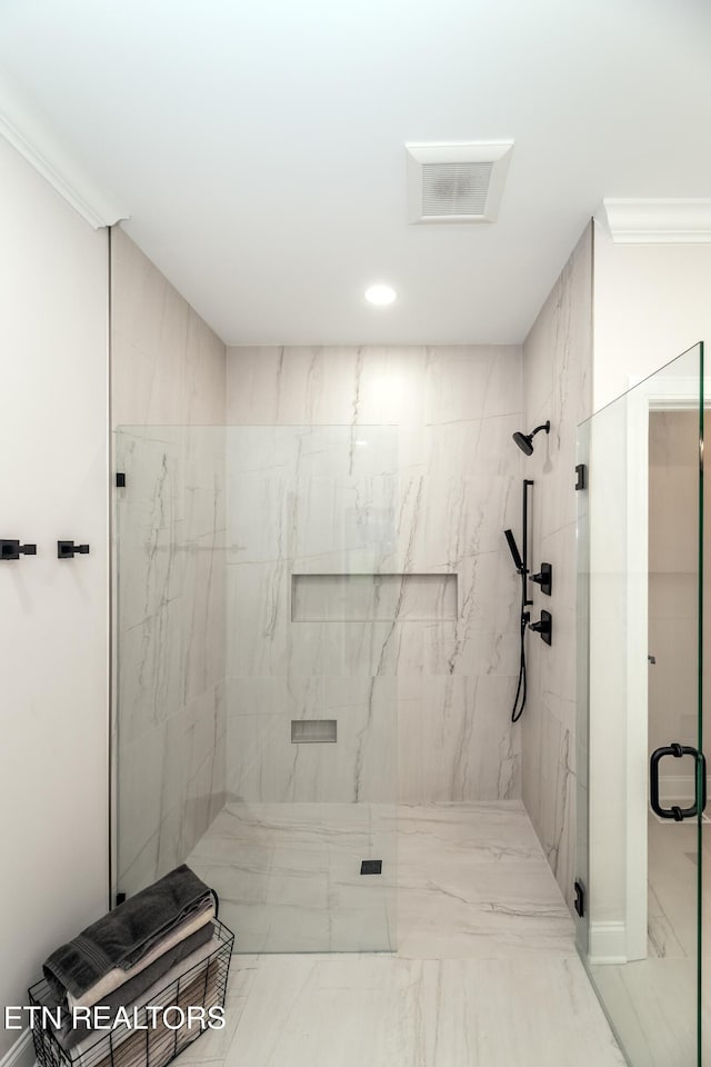 8304 Davis Ferry Rd, Loudon, TN 37774 - bathroom with a marble finish shower, marble finish floor, and ornamental molding