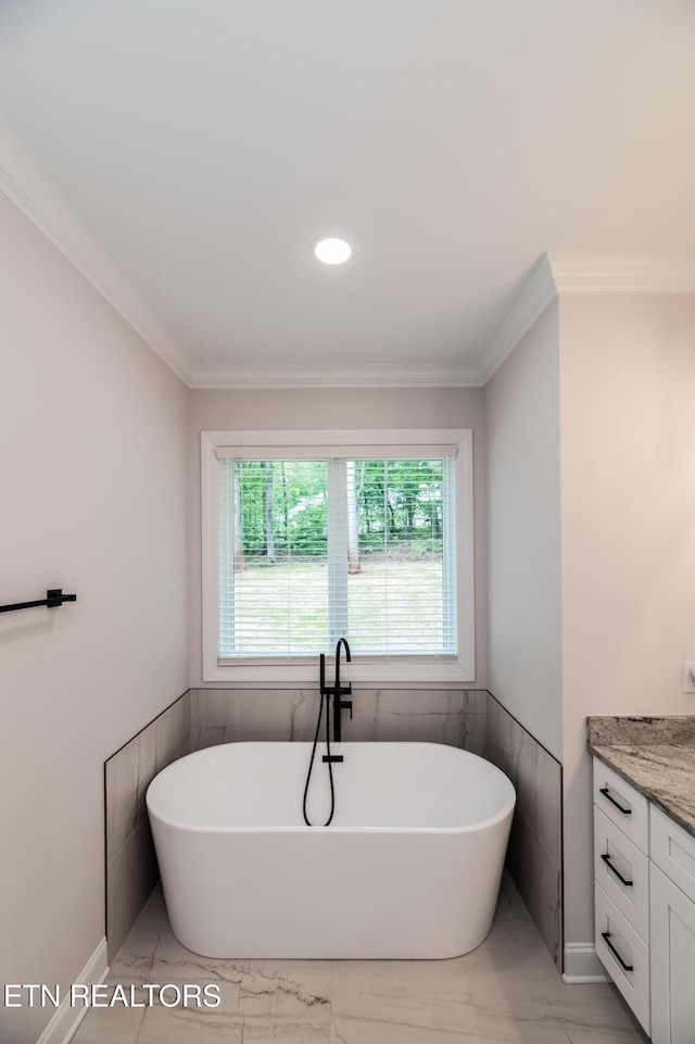 8304 Davis Ferry Rd, Loudon, TN 37774 - bathroom with a soaking tub, crown molding, plenty of natural light, and marble finish floor