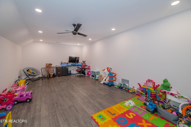 8304 Davis Ferry Rd, Loudon, TN 37774 - playroom with lofted ceiling, recessed lighting, ceiling fan, and wood finished floors