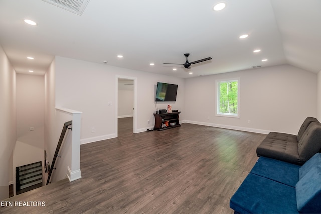8304 Davis Ferry Rd, Loudon, TN 37774 - unfurnished room featuring an upstairs landing, a ceiling fan, visible vents, dark wood-style floors, and recessed lighting