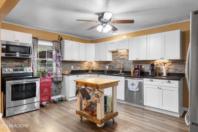 217 Jackson Dr, Harriman, TN 37748 - kitchen featuring stainless steel appliances, a sink, backsplash, a ceiling fan, and a textured ceiling