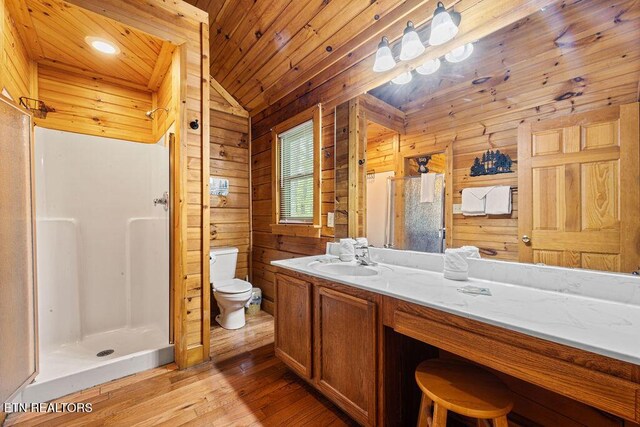 614 Hillybilly Haven Way, Gatlinburg, TN 37738 - full bathroom featuring a shower stall, wooden walls, hardwood / wood-style floors, and wood ceiling