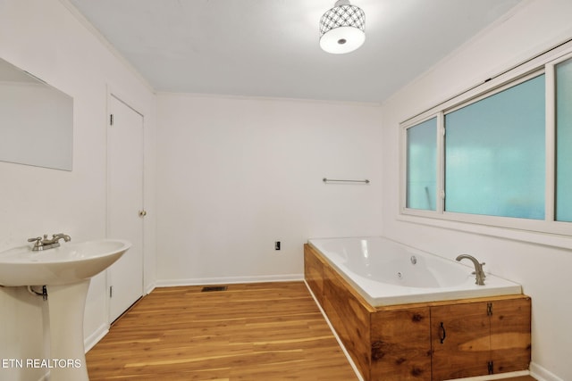 138 Lilac Dr, Lafollette, TN 37766 - full bath featuring wood finished floors, a jetted tub, baseboards, ornamental molding, and a sink