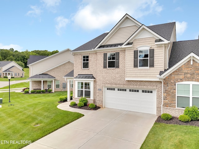 11842 Gecko Dr, Knoxville, TN 37932 - craftsman-style house with a standing seam roof, driveway, a front yard, a shingled roof, and a garage