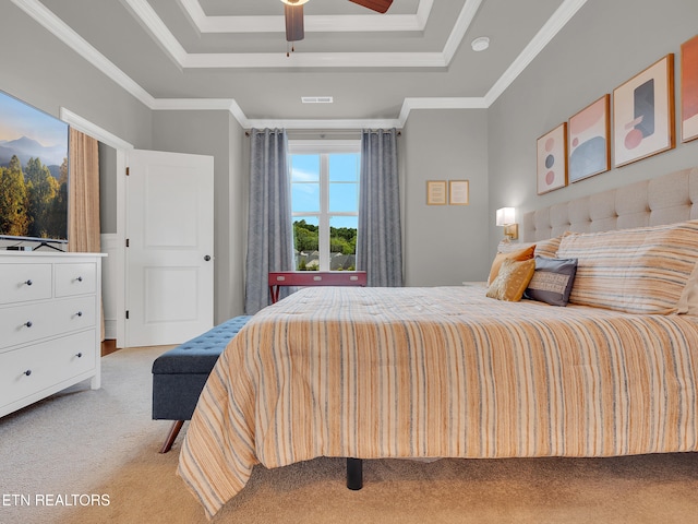 11842 Gecko Dr, Knoxville, TN 37932 - bedroom with a tray ceiling, light carpet, ornamental molding, and a ceiling fan