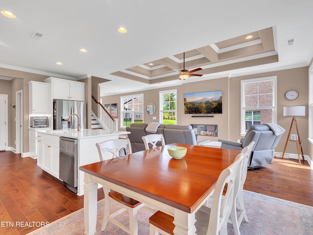 11842 Gecko Dr, Knoxville, TN 37932 - dining room with ornamental molding, dark wood-type flooring, a ceiling fan, baseboards, and recessed lighting