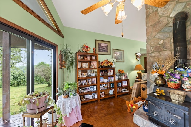 interior space featuring ceiling fan