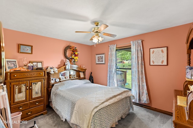 carpeted bedroom with access to outside, baseboards, and ceiling fan