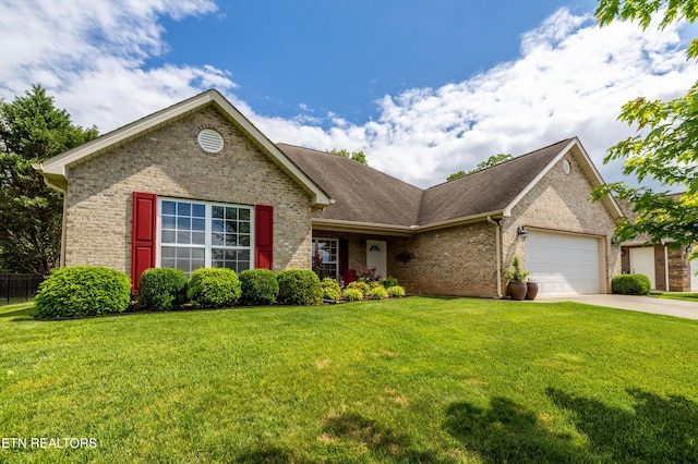 ranch-style house featuring a garage, brick siding, concrete driveway, and roof with shingles