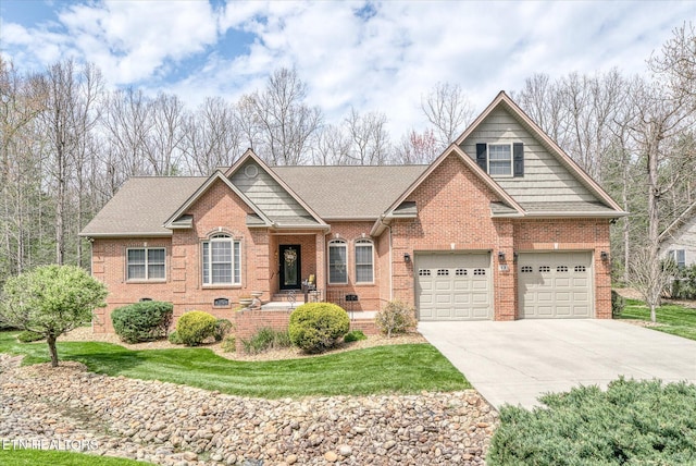 13 Holly Ct, Crossville, TN 38558 - craftsman-style house featuring brick siding, a garage, driveway, a front lawn, and a shingled roof