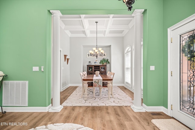 13 Holly Ct, Crossville, TN 38558 - dining space with coffered ceiling, ornate columns, wood finished floors, baseboards, and beamed ceiling