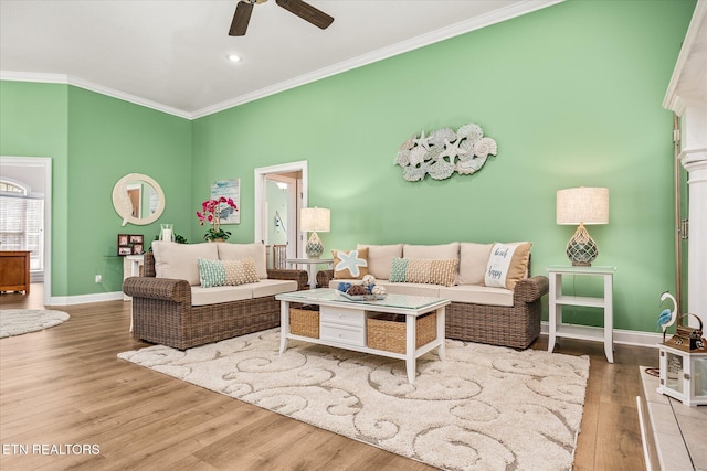 13 Holly Ct, Crossville, TN 38558 - living room featuring a ceiling fan, ornamental molding, wood finished floors, baseboards, and recessed lighting