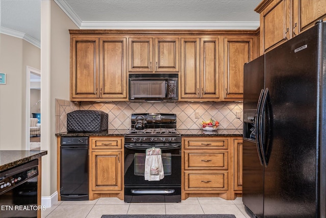 13 Holly Ct, Crossville, TN 38558 - kitchen with black appliances, ornamental molding, brown cabinetry, and decorative backsplash