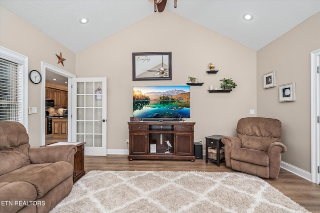 13 Holly Ct, Crossville, TN 38558 - living room featuring wood finished floors, baseboards, recessed lighting, high vaulted ceiling, and ceiling fan