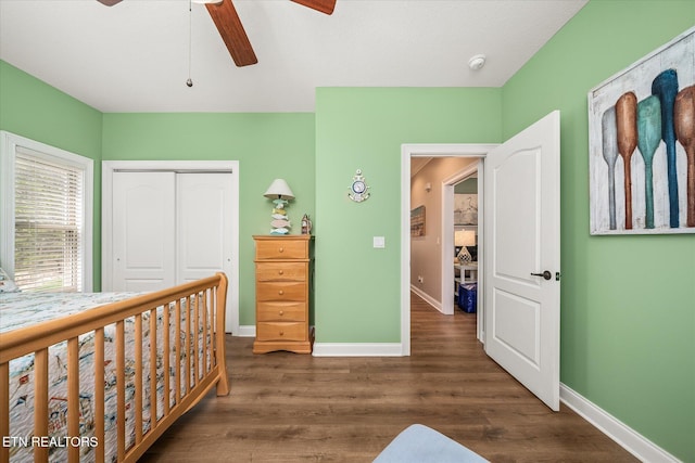 13 Holly Ct, Crossville, TN 38558 - bedroom with baseboards, a closet, wood finished floors, and a ceiling fan