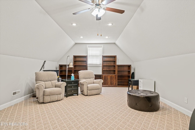 13 Holly Ct, Crossville, TN 38558 - living area featuring ceiling fan, lofted ceiling, baseboards, carpet floors, and recessed lighting