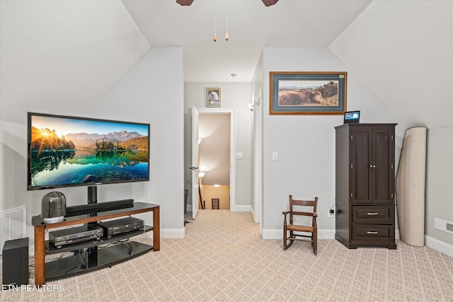 13 Holly Ct, Crossville, TN 38558 - interior space featuring ceiling fan, light colored carpet, lofted ceiling, and baseboards