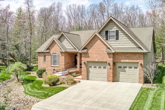 13 Holly Ct, Crossville, TN 38558 - craftsman-style house featuring a garage, brick siding, driveway, a shingled roof, and a front yard