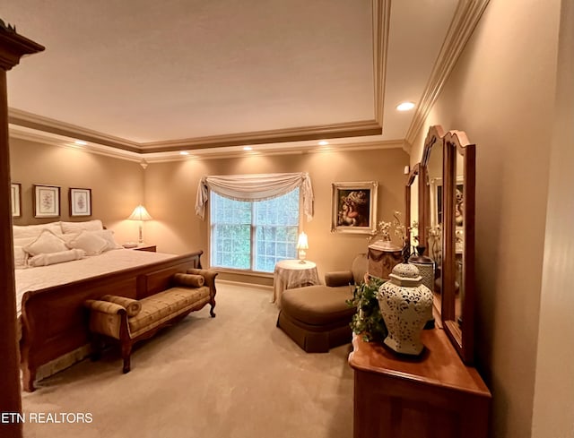 bedroom featuring ornamental molding, carpet flooring, and recessed lighting