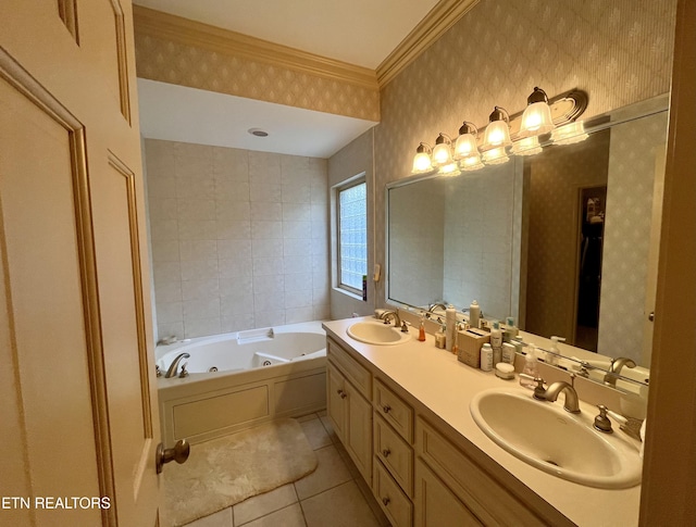 full bath featuring tile patterned floors, wallpapered walls, a jetted tub, double vanity, and crown molding