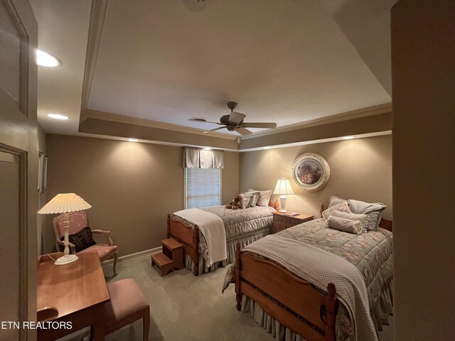 carpeted bedroom with a ceiling fan, baseboards, recessed lighting, and ornamental molding