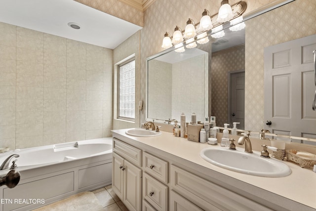 704 Blue Dun Ct, Pigeon Forge, TN 37863 - full bathroom featuring wallpapered walls, a bath, tile patterned flooring, and double vanity