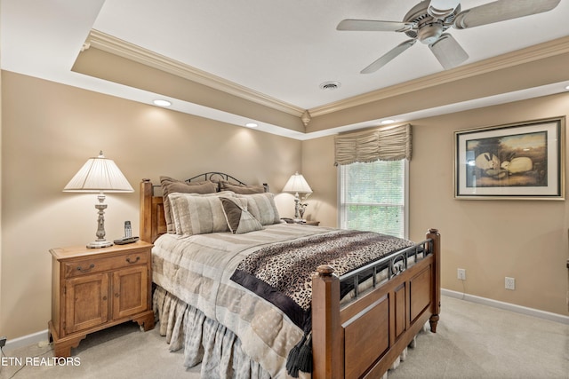 704 Blue Dun Ct, Pigeon Forge, TN 37863 - bedroom with light colored carpet, ornamental molding, baseboards, a ceiling fan, and a raised ceiling