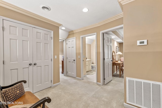 704 Blue Dun Ct, Pigeon Forge, TN 37863 - hallway featuring ornamental molding, light colored carpet, baseboards, and recessed lighting