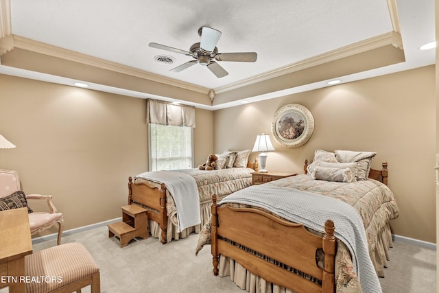 704 Blue Dun Ct, Pigeon Forge, TN 37863 - bedroom featuring ornamental molding, light carpet, baseboards, a tray ceiling, and ceiling fan