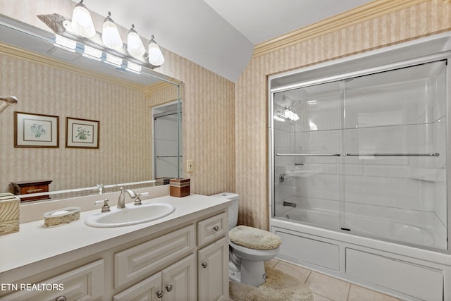 704 Blue Dun Ct, Pigeon Forge, TN 37863 - bathroom with wallpapered walls, tile patterned flooring, toilet, enclosed tub / shower combo, and vanity