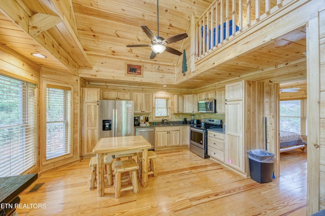 kitchen with appliances with stainless steel finishes, a sink, ceiling fan, light brown cabinetry, and wooden ceiling