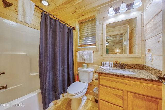full bath featuring toilet, vanity, shower / tub combo, wooden ceiling, and wood walls