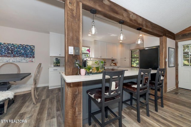 kitchen with light countertops, white cabinetry, dark wood-style flooring, and refrigerator