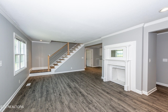 2208 Sanderson Rd, Knoxville, TN 37921 - unfurnished living room with baseboards, stairs, ornamental molding, and dark wood-type flooring