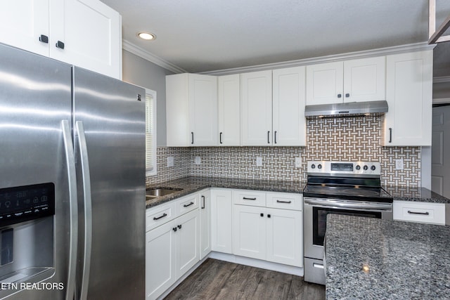 2208 Sanderson Rd, Knoxville, TN 37921 - kitchen featuring crown molding, white cabinetry, under cabinet range hood, appliances with stainless steel finishes, and dark wood-style floors