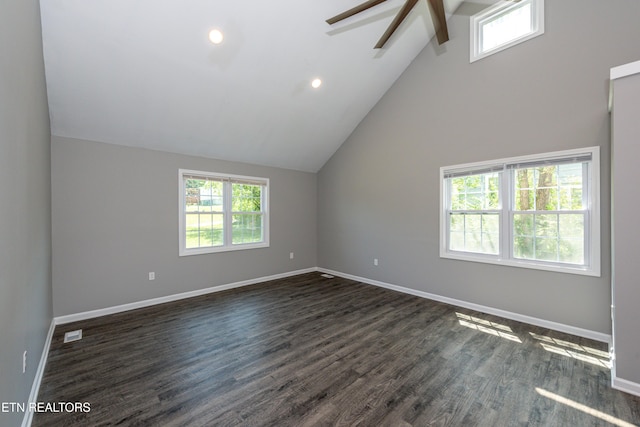 2208 Sanderson Rd, Knoxville, TN 37921 - empty room featuring baseboards, dark wood finished floors, ceiling fan, visible vents, and vaulted ceiling