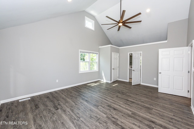 2208 Sanderson Rd, Knoxville, TN 37921 - unfurnished living room featuring a healthy amount of sunlight, high vaulted ceiling, a ceiling fan, and visible vents
