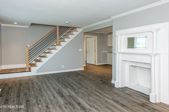 2208 Sanderson Rd, Knoxville, TN 37921 - unfurnished living room with visible vents, wood finished floors, ornamental molding, and stairs