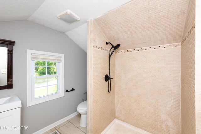 2208 Sanderson Rd, Knoxville, TN 37921 - bathroom with toilet, tiled shower, tile patterned floors, lofted ceiling, and vanity