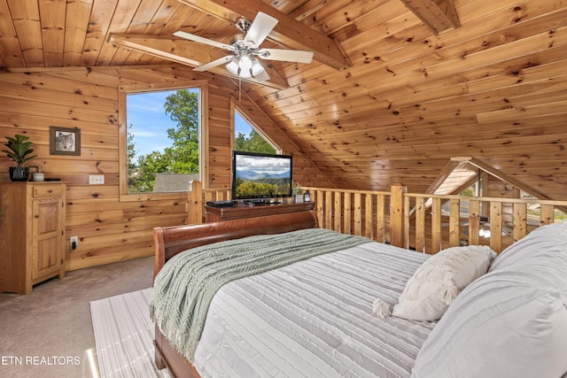 carpeted bedroom featuring wood ceiling, wood walls, and lofted ceiling
