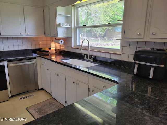 8008 Sharp Rd, Powell, TN 37849 - kitchen with a sink, visible vents, dishwasher, decorative backsplash, and white cabinets