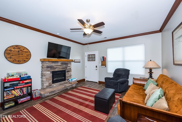229 Bishops Cap Cir Unit 106, Townsend, TN 37882 - living area featuring wood finished floors, a ceiling fan, a fireplace, ornamental molding, and baseboards