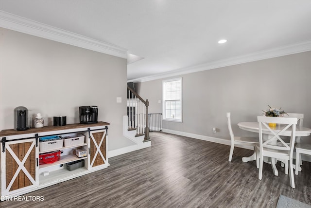 dining room with ornamental molding, dark wood-type flooring, stairs, baseboards, and recessed lighting