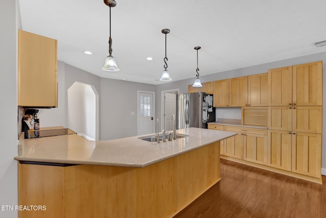 791 Constitution Dr, Jefferson City, TN 37760 - kitchen featuring freestanding refrigerator, a sink, light brown cabinetry, dark wood-style floors, and recessed lighting